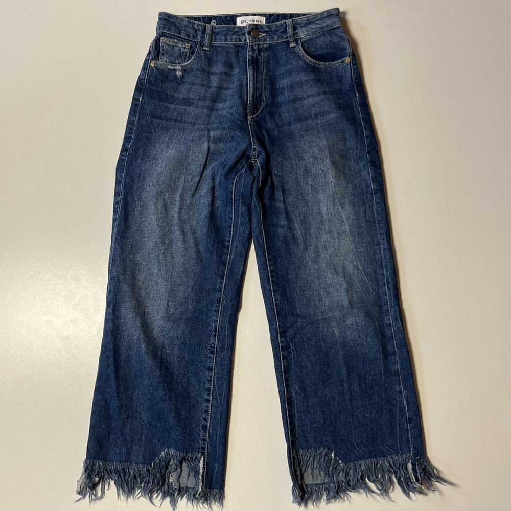 DL1961 Hepburn High Rise Wide Leg‎ Jeans Goldfield Blue Frayed Hem 29 Ankle Crop